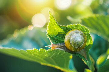 Small plant eating snail on green leaf in the forest