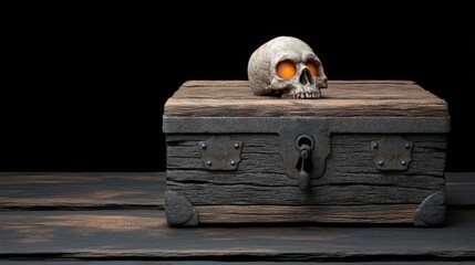 A mysterious wooden chest with a skull, set against a black background.