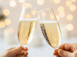 Romantic candlelight dinner table setup for couple with beautiful light as background. Man & Woman hold glass of Champaign. Concept for valentine's day and date