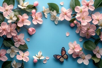 Canvas Print - Pink Flowers and a Butterfly on Blue Background