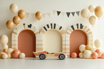 Wall Mural - A car is sitting in a room with lots of balloons and banners