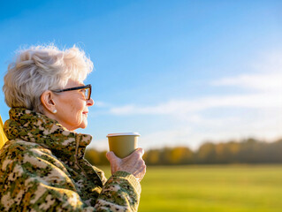 Wall Mural - Senior woman sitting outside the tent with a cup of coffee