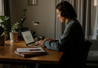 Poster - Woman wearing headphones working from her home office, using laptop computer