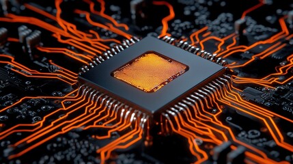 close-up of a computer chip with glowing orange circuits on a black background.