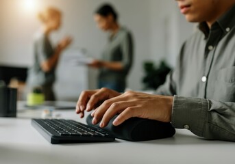 Close-up of a programmer working on a computer with colleagues collaborating in the background