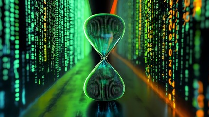 A green hourglass sits in the middle of a digital matrix, with green and orange code streaming down the sides.