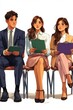 © homeganko - Three young adults sit nervously in a waiting area, holding green and purple folders