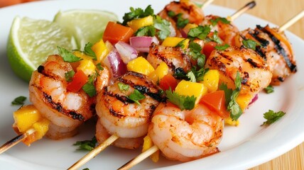 Grilled shrimp skewers with vibrant vegetables and lime on a plate.