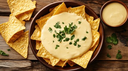 Poster - A tempting arrangement of corn chips topped with rich cheese sauce and garnished with cilantro on a rustic wooden surface. Generative AI