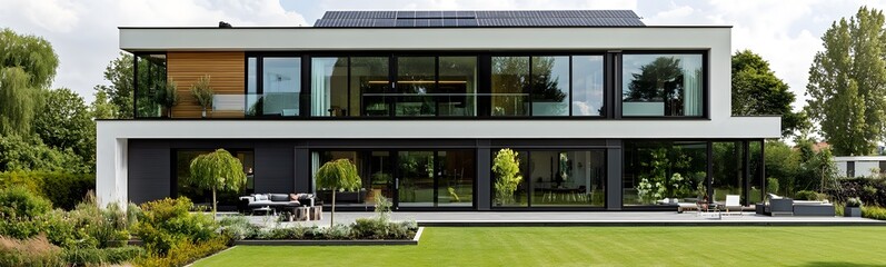 Poster - A sleek, modern house with large glass windows, surrounded by greenery and a well-maintained garden, showcasing contemporary architecture and outdoor living space.
