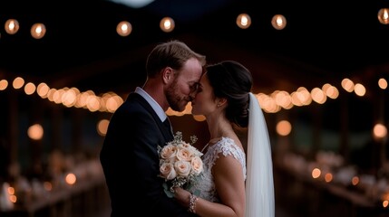 Couple sharing a romantic kiss under string lights at an outdoor wedding reception