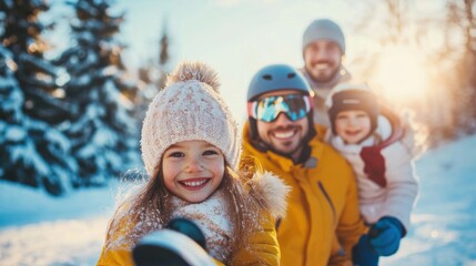 Family enjoying a winter day in the snow, smiling together while skiing in a beautiful snowy landscape with trees