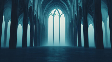 Sticker - A mysterious, fog-filled cathedral with tall pillars and a bright light at the end.