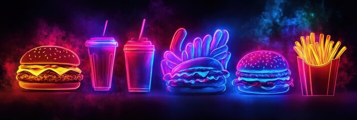 Poster - Bright neon illustrations of burgers, hot dogs, fries, and drinks pop against a dark background, showcasing fast-food favorites with flair. Generative AI
