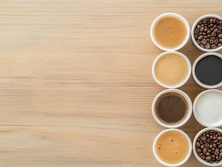 Variety of cups of coffee and coffee beans on old wooden table