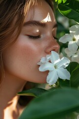 A young woman enjoys the fragrance of white flowers amidst lush greenery on a sunny day