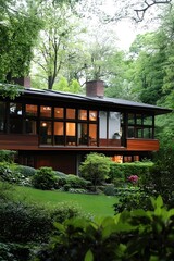 Poster - A modern house surrounded by lush greenery, featuring large windows and a stylish design that blends with its natural environment.
