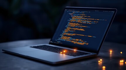 Modern laptop displaying colorful coding on a dark background.