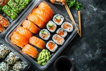 Poster - Plentiful sushi assortments, including salmon and vegetable rolls, served alongside wasabi and soy sauce for an elegant catering experience. Generative AI