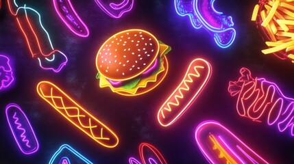 Aufkleber - Neon outlines of burgers, hot dogs, and fries shine against a dark backdrop, creating a lively fast-food atmosphere. Generative AI
