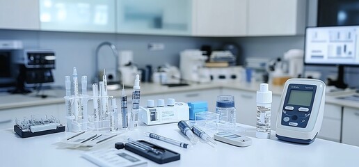 Aufkleber - Laboratory table with various medical equipment and supplies, including vials, test tubes, and a digital monitor.
