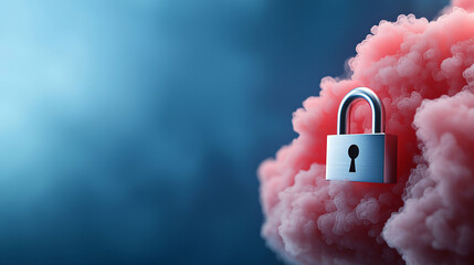 Poster - digital lock symbolizes cloud security services, surrounded by vibrant pink clouds, representing protection and safety in digital realm