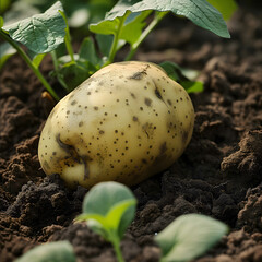 A large potato is sitting on the ground in a field