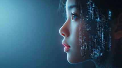 Poster - futuristic portrait of woman with digital elements, showcasing blend of technology and human features. glowing data patterns create captivating atmosphere