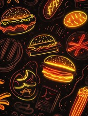 Aufkleber - Colorful neon outlines depict popular fast-food items like burgers, hot dogs, and fries, contrasting against a dark backdrop. Generative AI