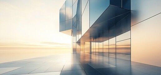Poster - Modern glass building with a reflecting sunset.