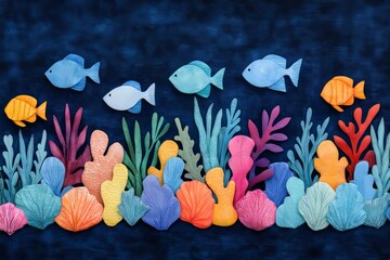 Colorful underwater scene with fish and coral, crafted from textured materials.