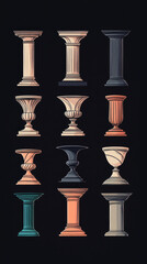 A set of 12 intricately detailed illustrations of columns and urns.