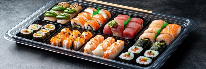 Poster - An enticing array of sushi varieties presented on a platter, ideal for catering services at parties or gatherings. Generative AI
