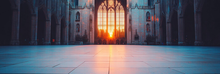 Poster - Sunlight streams through a large window of a cathedral, creating a warm glow on the floor.