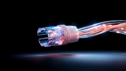 Poster - glowing fiber optic cable with vibrant light trails on dark background, symbolizing high speed data transmission and connectivity. dynamic colors evoke sense of technology and innovation