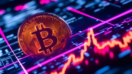 Poster - A glowing Bitcoin symbol on a digital chart, illustrating cryptocurrency trends and market fluctuations with vibrant colors.