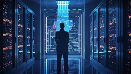 Fototapete - A technician stands in a high-tech server room, analyzing holographic data displays late at night, emphasizing the importance of cybersecurity in data management.