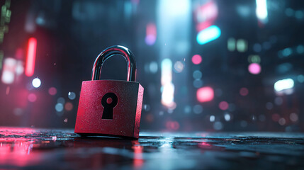Poster - digital padlock symbolizes security in vibrant, neon lit urban environment. scene evokes sense of protection amidst futuristic backdrop, highlighting importance of safeguarding information