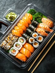 Poster - Delicious sushi selection featuring various types, including salmon, shrimp, and rolls, served with wasabi and soy sauce for enjoyment. Generative AI
