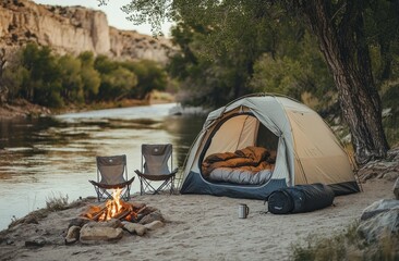 cozy camping setup beside a river at dusk with a warm fire and comfortable seating