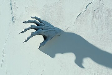 Spooky hand shadow cast on a white wall, creating a Halloween concept with an eerie atmosphere in a close-up view.