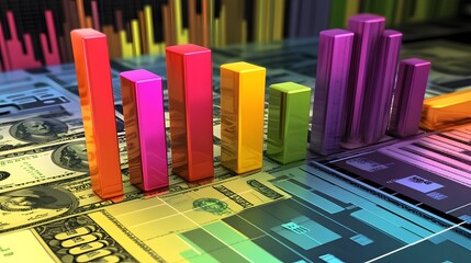 A vibrant bar chart rises against a backdrop of banknotes, illustrating financial data and market trends in a visually engaging manner.