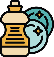 Poster - dishwashing liquid bottle standing next to clean plates icon, thin line style