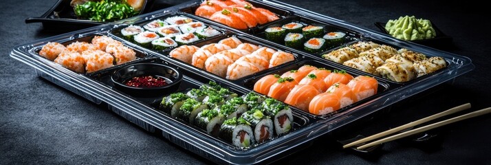 Poster - An assortment of sushi varieties beautifully presented on platters for catering, accompanied by wasabi and soy sauce for dipping. Generative AI