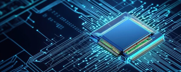 Digital wireframe schematic of a microprocessor, 3D layers, glowing blue and green lines, dark background   perfect for futuristic technology concepts