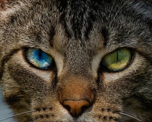 closeup of a cat face having a heterochromia with blue and yellow eyes