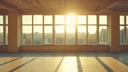 Poster - Bright Sunrise Through Large Windows in Urban Setting