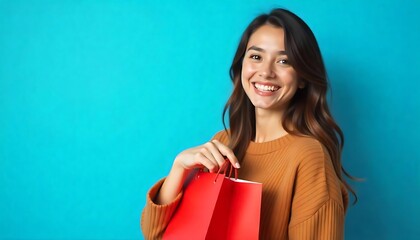 young woman with a red shopping bags and smiling against a isolated blue background  created with generative ai