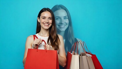 young woman with a red shopping bags and smiling against a isolated blue background  created with generative ai