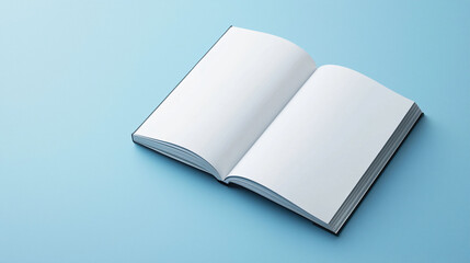 Poster - open book mockup with blank pages on blue background invites creativity and inspiration. Perfect for showcasing designs or concepts in minimalist style
